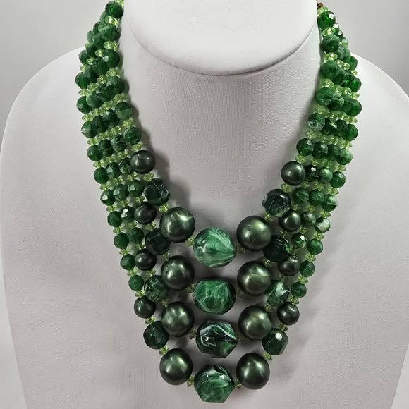 Jewelry - Vintage Green Multi Strand Beaded Statement Necklace Graduated Tiered Marbled